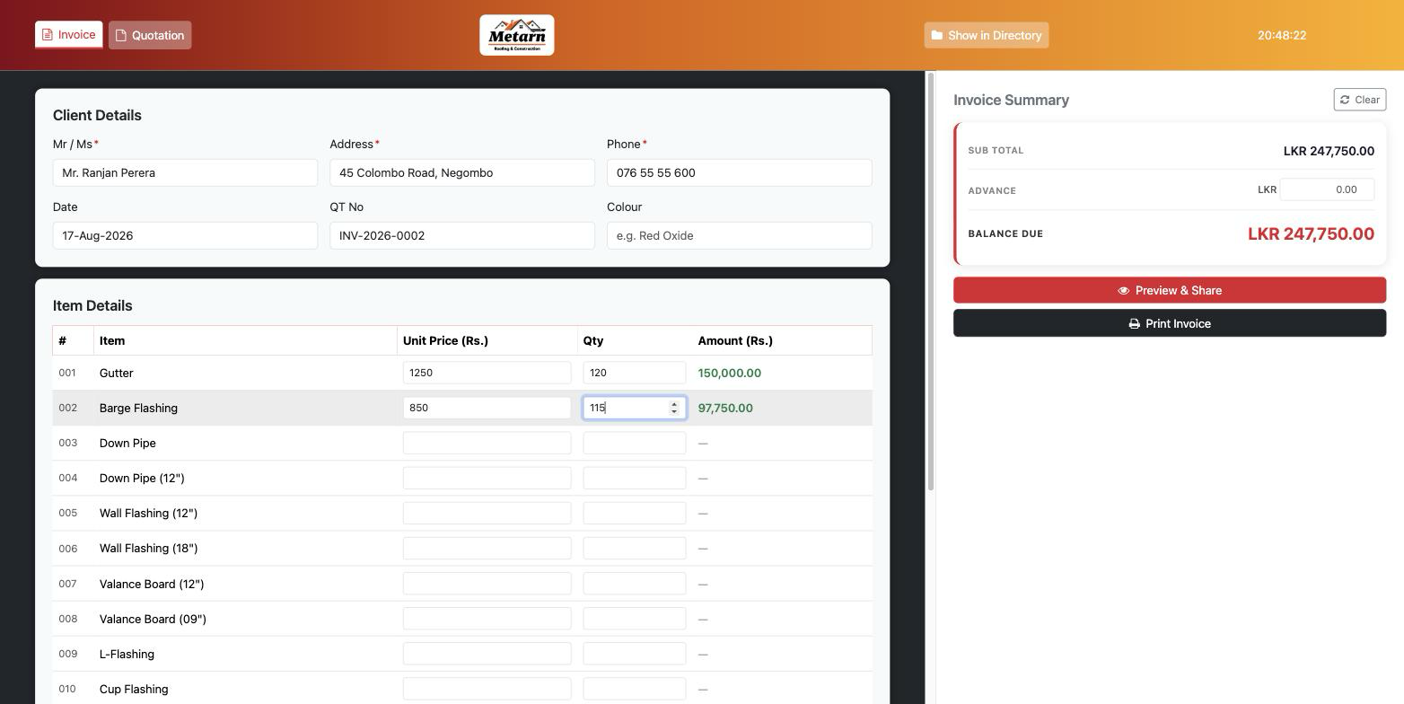Metarn Engineering Invoices
